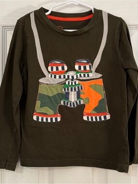 Mini Boden Baby Boy Brown Long Sleeve with Camo & Orange Binoculars Appliqué